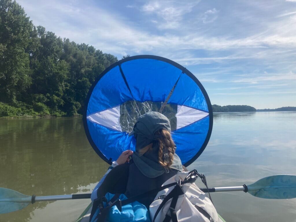 Iris Veldwijk trying out new blue kayak sail for the first time Ruse to Tutrakan blue order online branch little tailwind