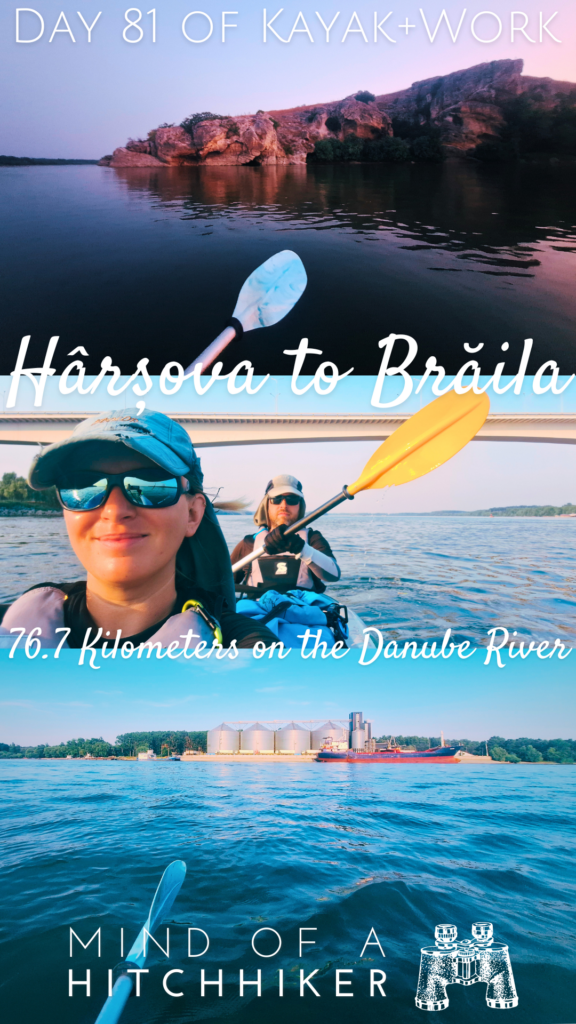 pin collage kayak trip day 81 Giurgeni Vadu Oii bridge cliffs of Harsova paddling to Braila in one day