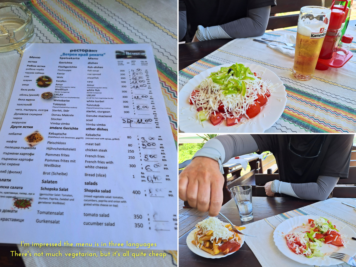 restaurant Vetren Kray Rekata Bulgaria Danube river kayaking menu beer sopska salata cheese fries Balkan travel