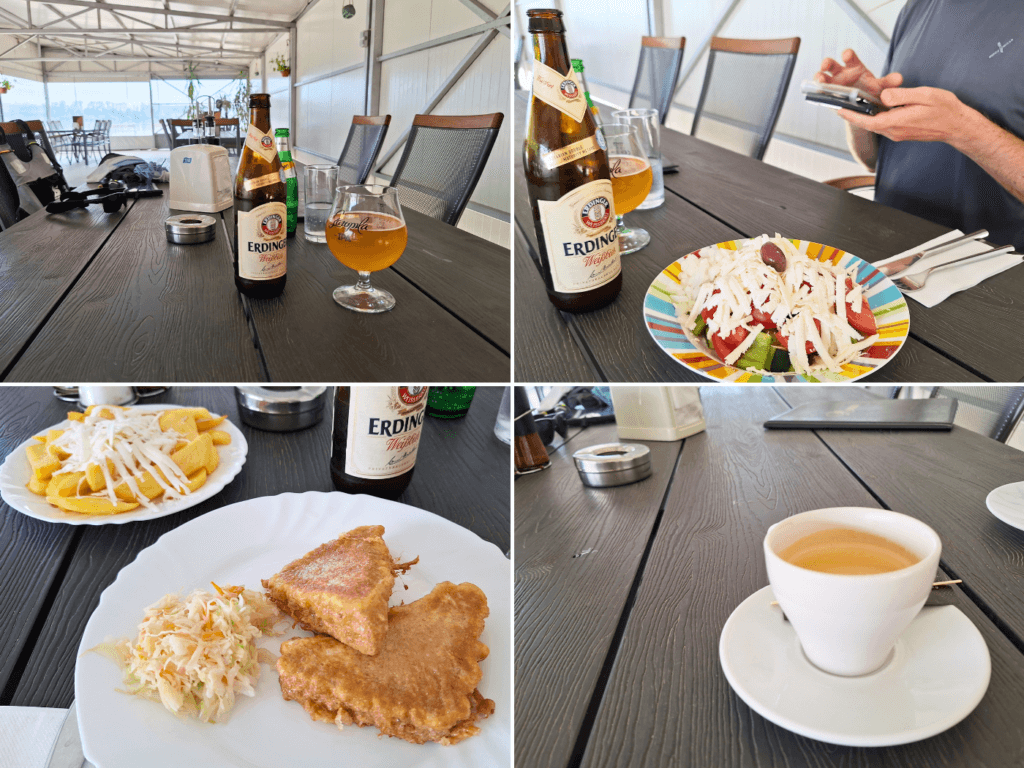 lunch at Ribarska Shreshta fishermen meeting restaurant Danube Ryahovo coffee fries sopska salata fried cheese erdinger beer Bulgaria
