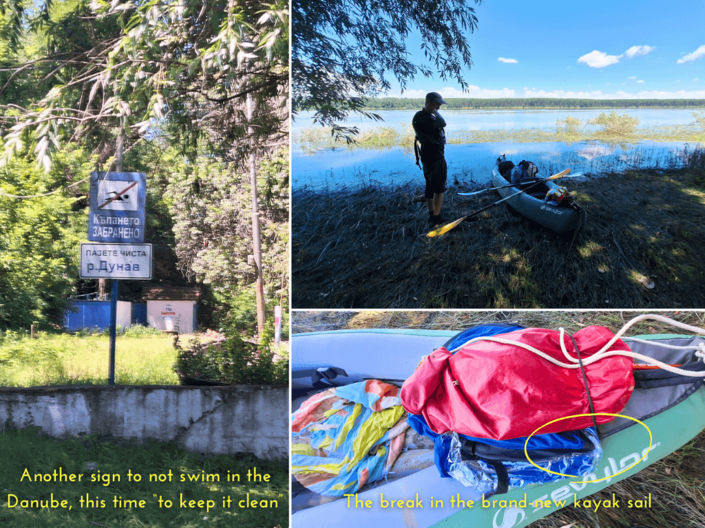 departure Vetren Kray Rekata Bulgaria inflatable kayak Zucchini kayaking sail broken no swimming Danube sign