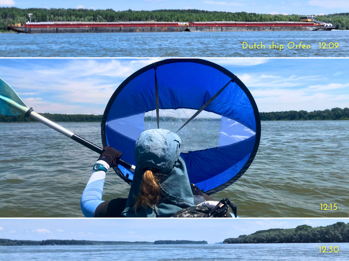 kayaking Danube River Orfeo Dutch inland shipping ship kayak sailing to Tutrakan river islands Bulgaria Romania