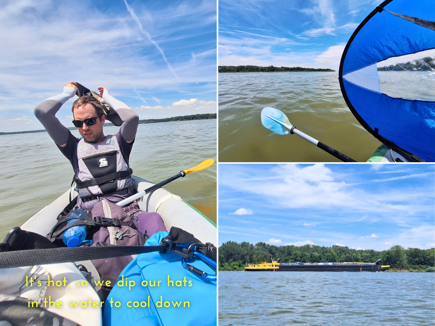 Jonas hat dipping Bulgaria Danube water cooling heat wave July 2024 kayak sail black and yellow ship shipping lane border Romania area before Schengen