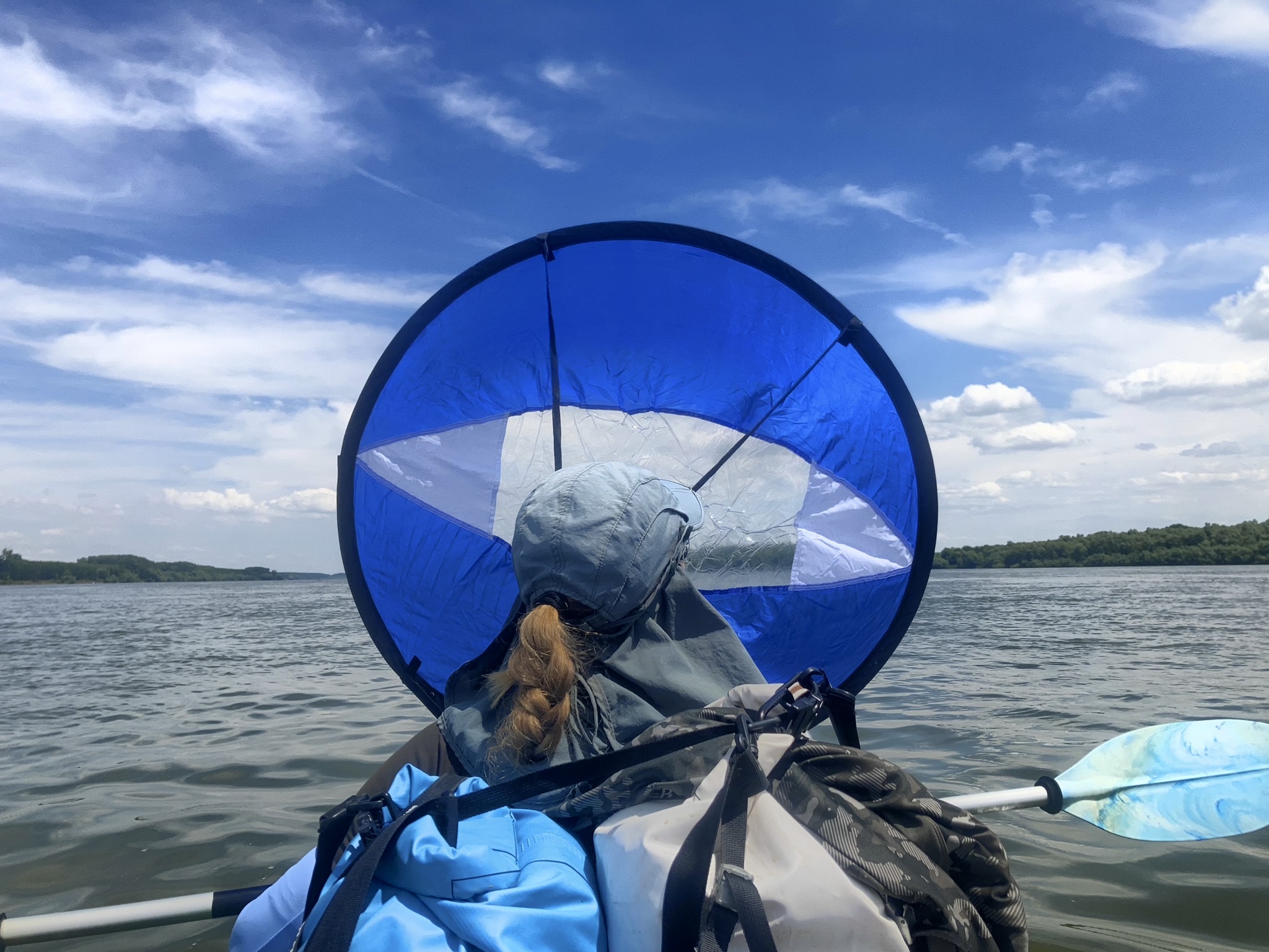 Iris Veldwijk blue kayak sail Zucchini Ruse to Tutrakan paddling day Danube River to the Black Sea