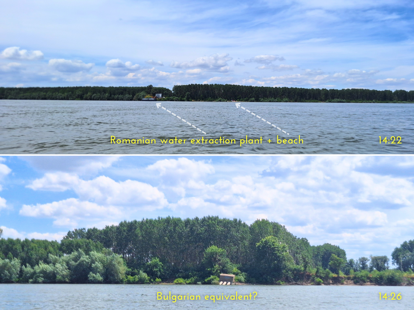 Romanian water extraction plant and beach Danube River near Oltenita and Bulgarian equivalent possibly