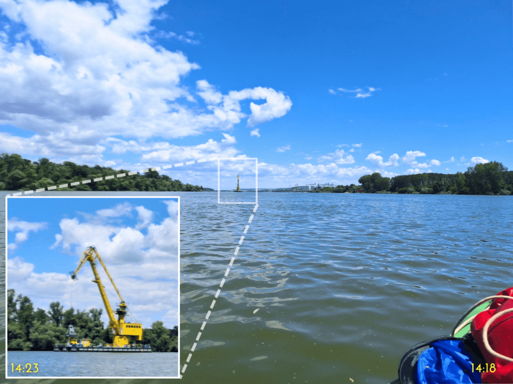 arrival in port of Silistra Danube River Bulgaria floating crane barge dredging cityscape border Romania