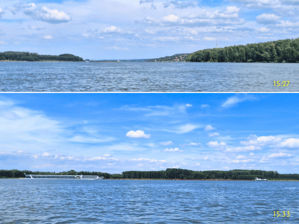 skyline Tutrakan Oltenita radio relay tv tower kula Bulgaria Danube River Romania cruise ship cargo ship overtaking maneuver