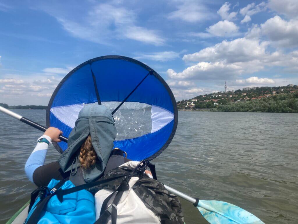 Iris Veldwijk kayaking Zucchini blue kayak sail arrival Tutrakan Danube River Bulgaria to the Black Sea journey