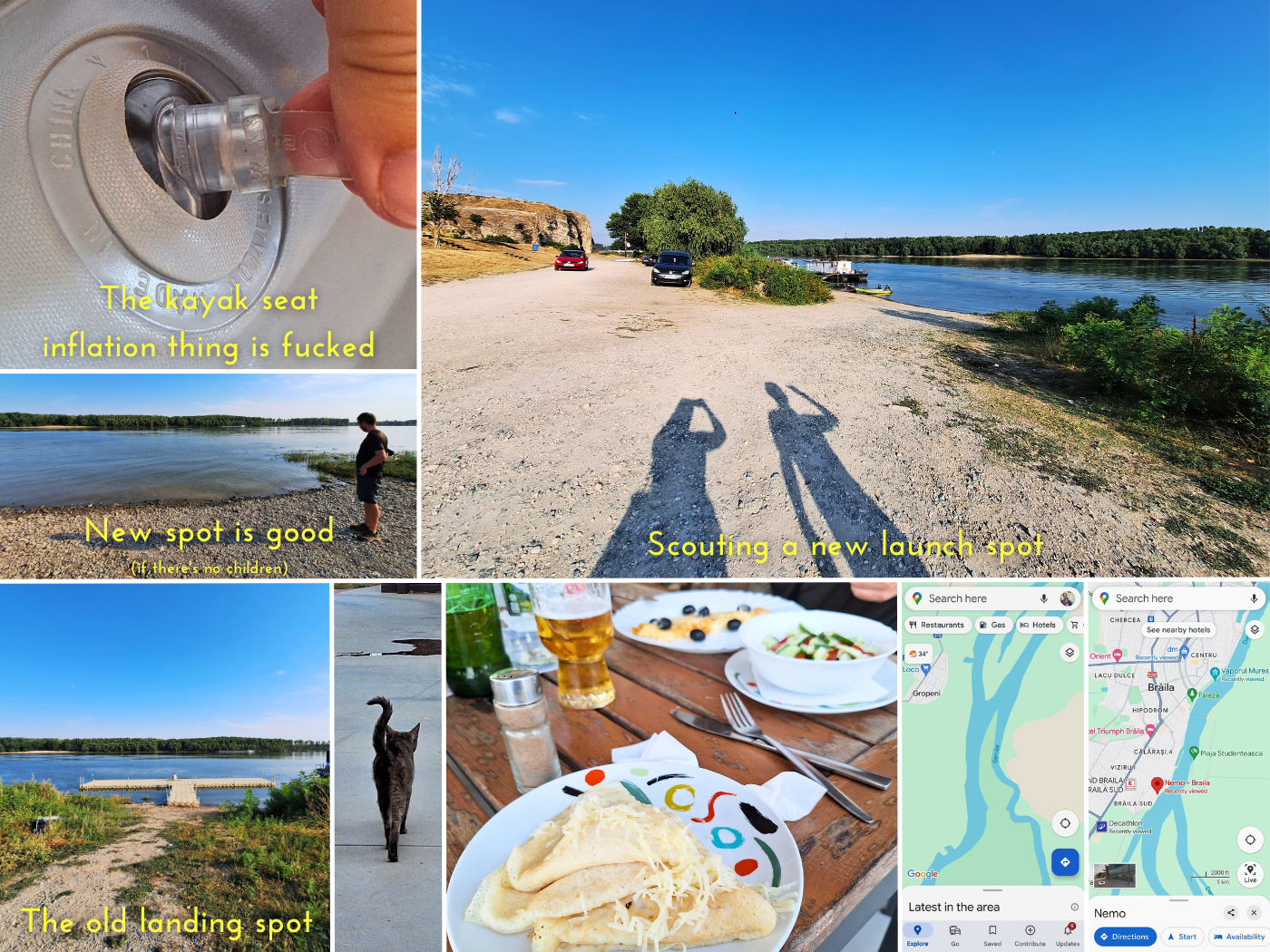 looking for kayak research Braila launch spot Danube River Romania Harsova vetting process launch spot new leak inflatable kayak seat clatite pancakes cheese vegetarian travel stray cat