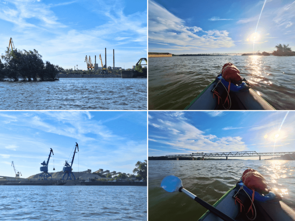 Ruse Bulgaria cranes port area east side river island high water levels Giurgiu Friendship bridge crossing