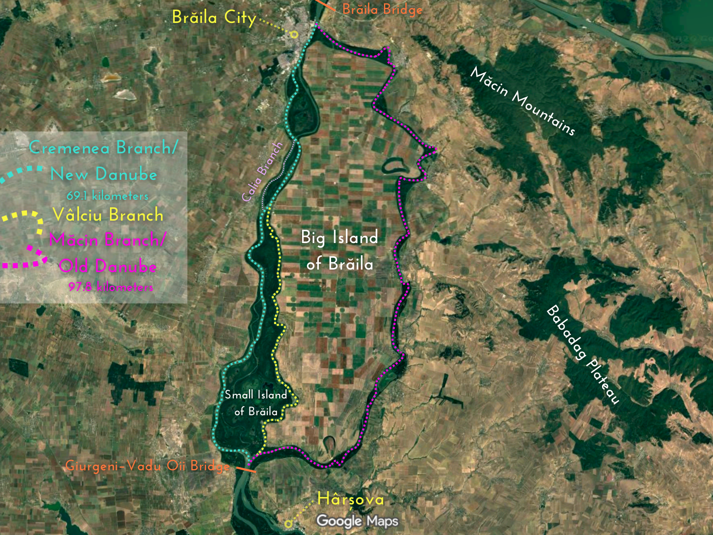 Arms of the Danube between Harsova and Braila Cremenea New Danube shipping lane Valciu Branch Macin Branch Old Danube kayaking Great Island of Braila Little Island of Braila natural park