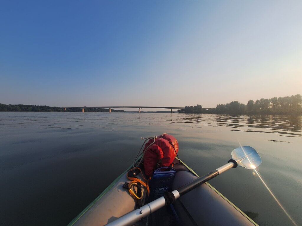 Zucchini the inflatable kayak Giurgeni Vadu Oii bridge across the Danube near Harsova Romania paddling travel to the Black Sea
