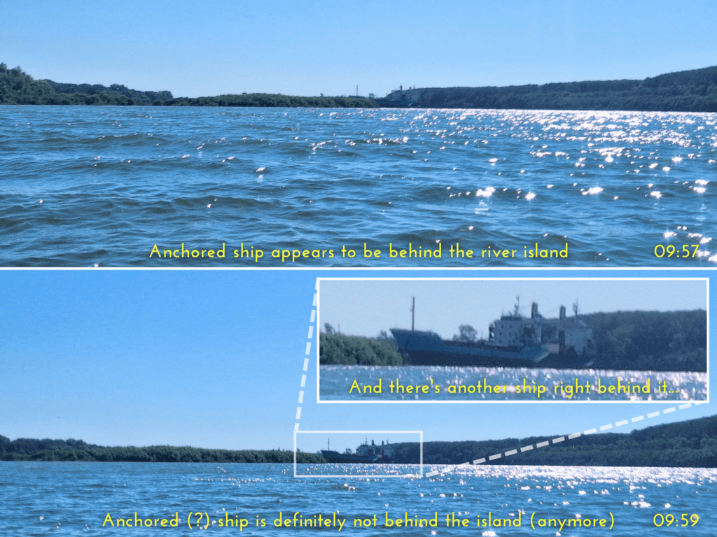 maritime Danube kayaking scary oil tankers bulk carriers anchored riverbed unnamed island shipping lane