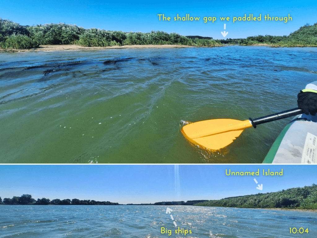 unnamed Romanian island in the Danube river near the Delta paddling gap big ships Black Sea cargo travel