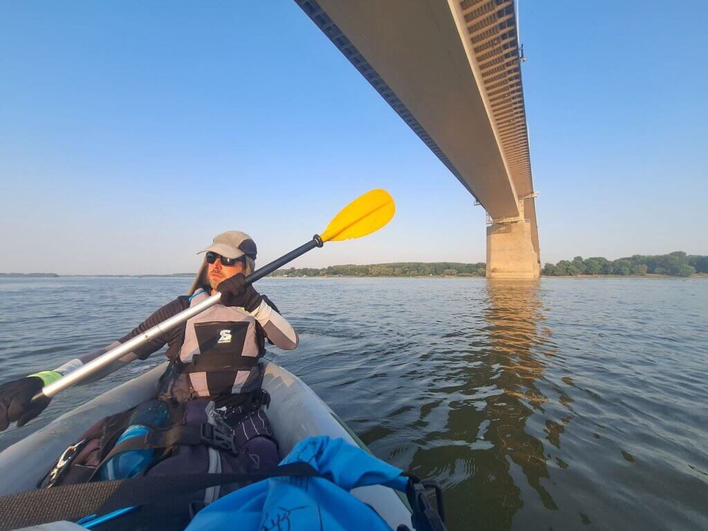 Jonas Breuer kayaking Danube River Giurgeni Vadu Oii bridge Romania paddling Zucchini the inflatable kayak