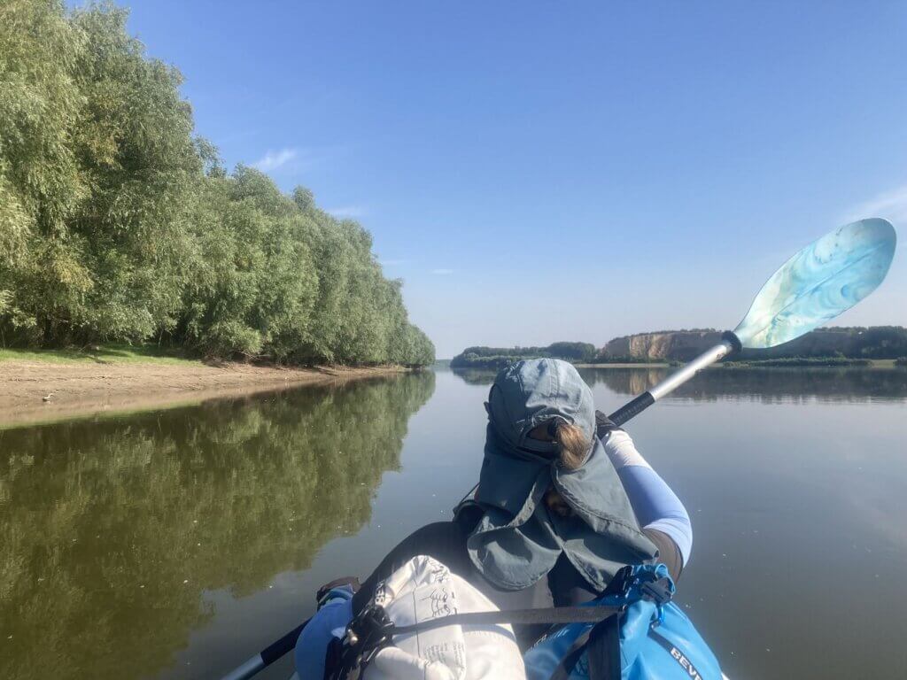 Iris Veldwijk kayaking Danube River Cernavoda to Harsova Romania cliffs Dunarea Constanta County Dobruja