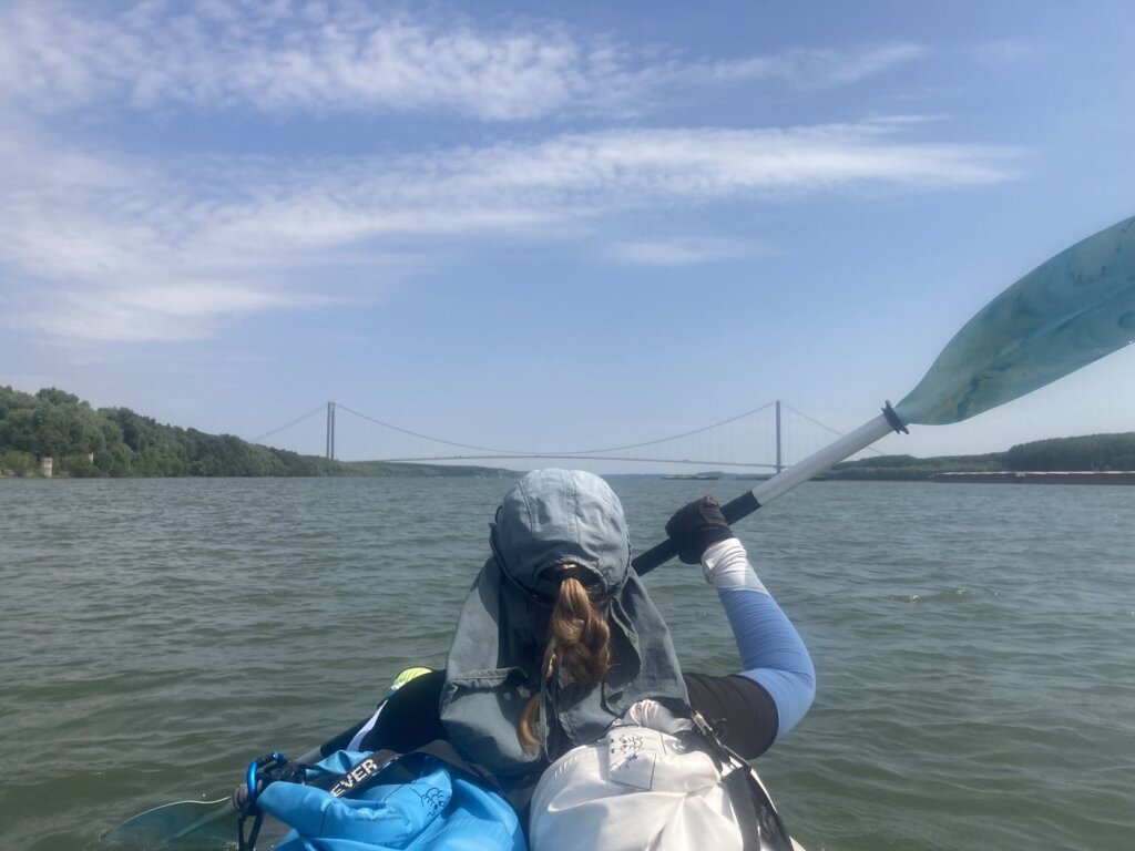 Iris Veldwijk kayaking Danube River Braila to Galati Braila bridge opened in 2023 new connection Galati Tulcea Constanta