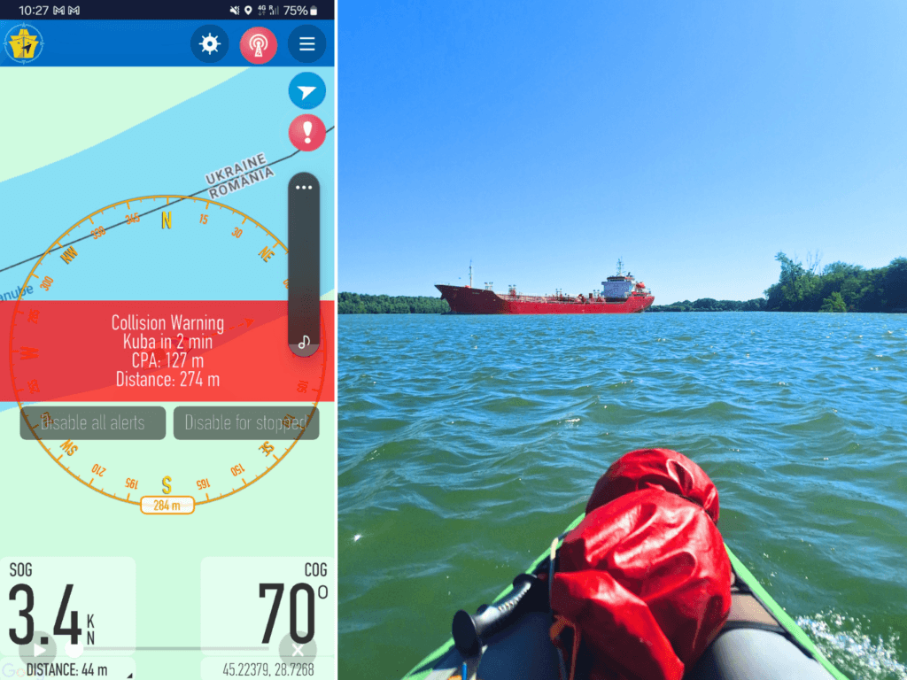 OnCourse app colision warning with Kuba ship oil tanker bulk carrier Danube River Romania near the Delta Tulcea kayaking inflatable canoe