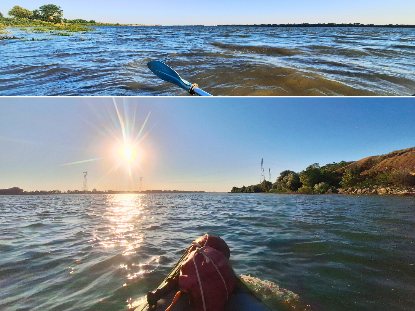 kayaking away from Isaccea Romania border area Ukraine Orlivka power lines border crossing