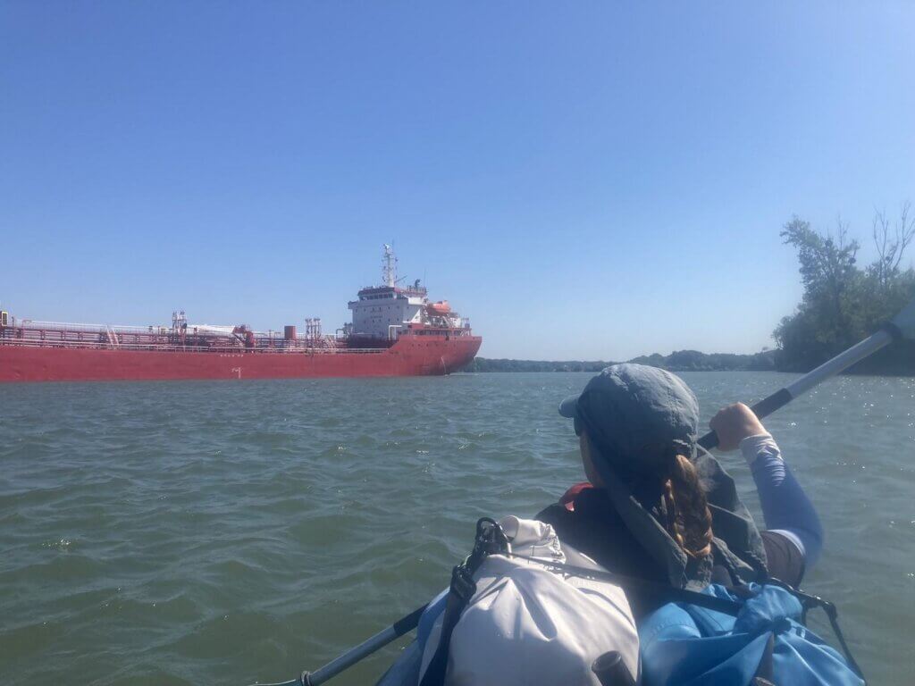 Iris Veldwijk kayaking collision warning with a Black Sea ship Kuba inflatable kayak Zucchini versus cargo vessel