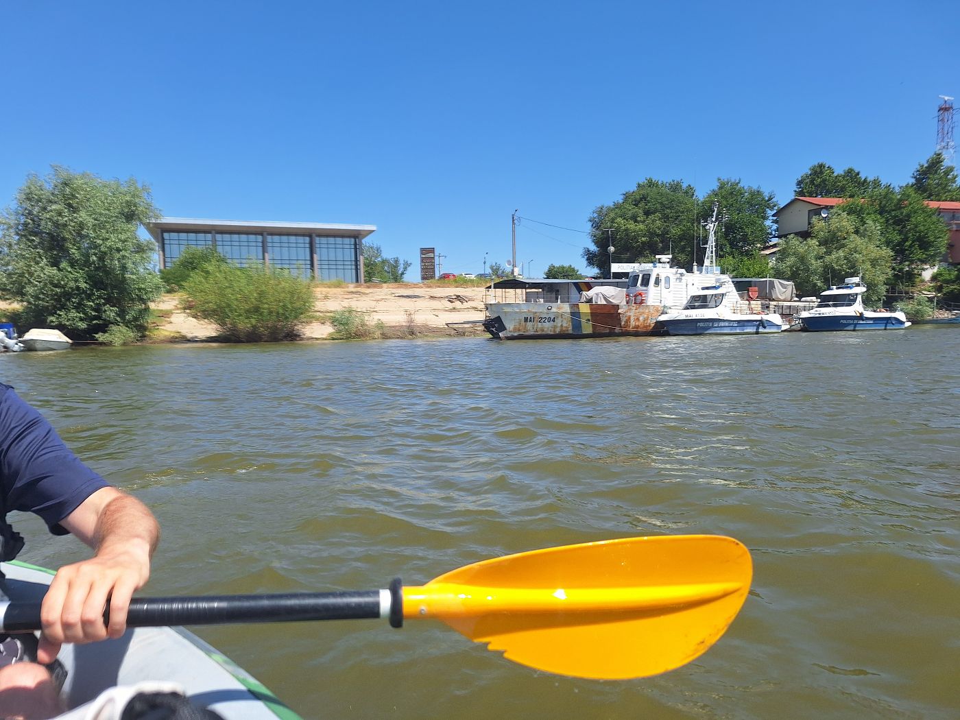 paddling away from Chiciu Calarasi port of call for Danube kayakers to Ostrov Romania paddling ferry crossing paperwork