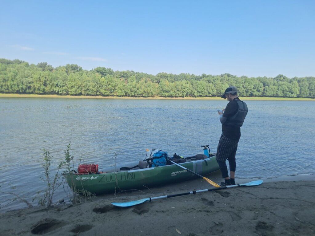 Jonas on Big Great Braila Island river Danube Valciu branch break land kayaking pause