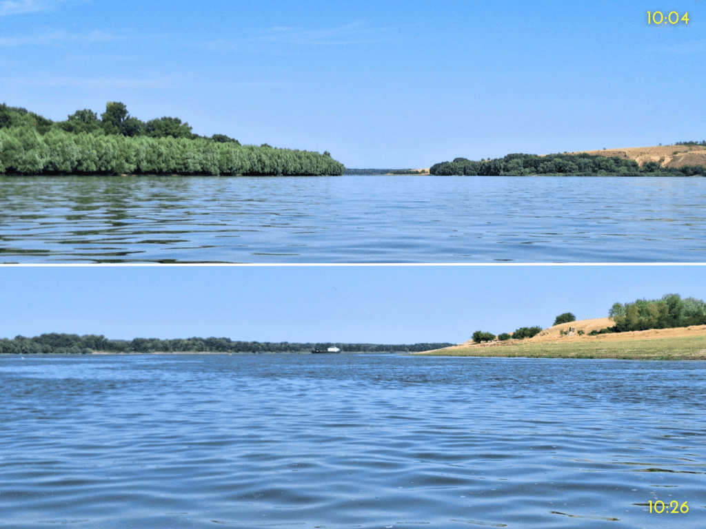 kayaking Danube River Cernavoda to Harsova Capidava Topalu area river bank shipping heat wave summer 2024