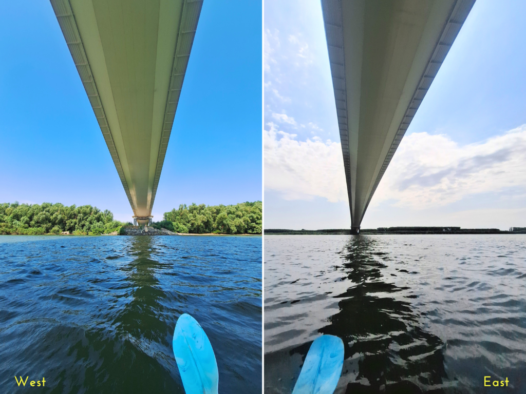kayaking below the Braila Bridge shadow sun blocking paddling Zucchini Galati
