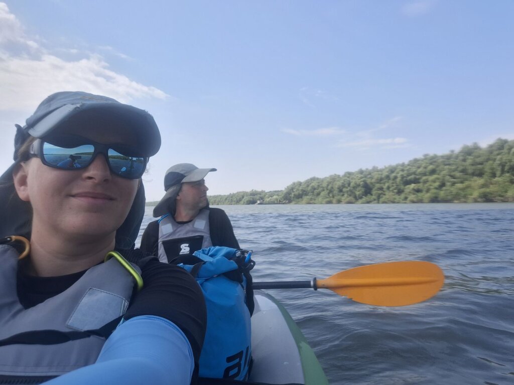 Iris Veldwijk Jonas Zucchini the kayak paddling under the Braila Bridge last one across the Danube River before the Black Sea