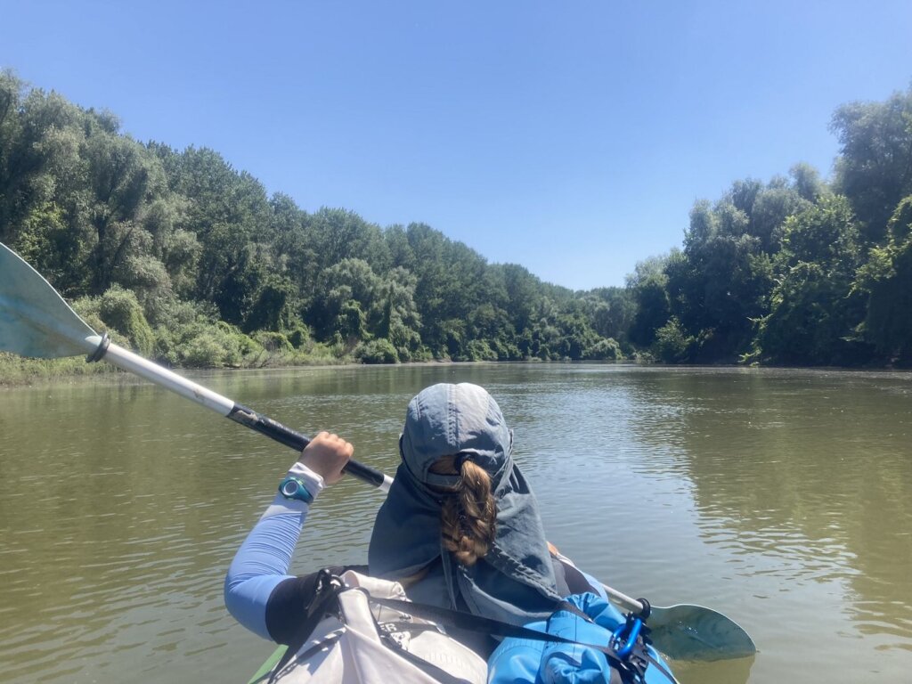 Iris Veldwijk kayaking Jianu Branch bratul arm Danube River islands near Ostrov Romania Pacuiul lui Soare