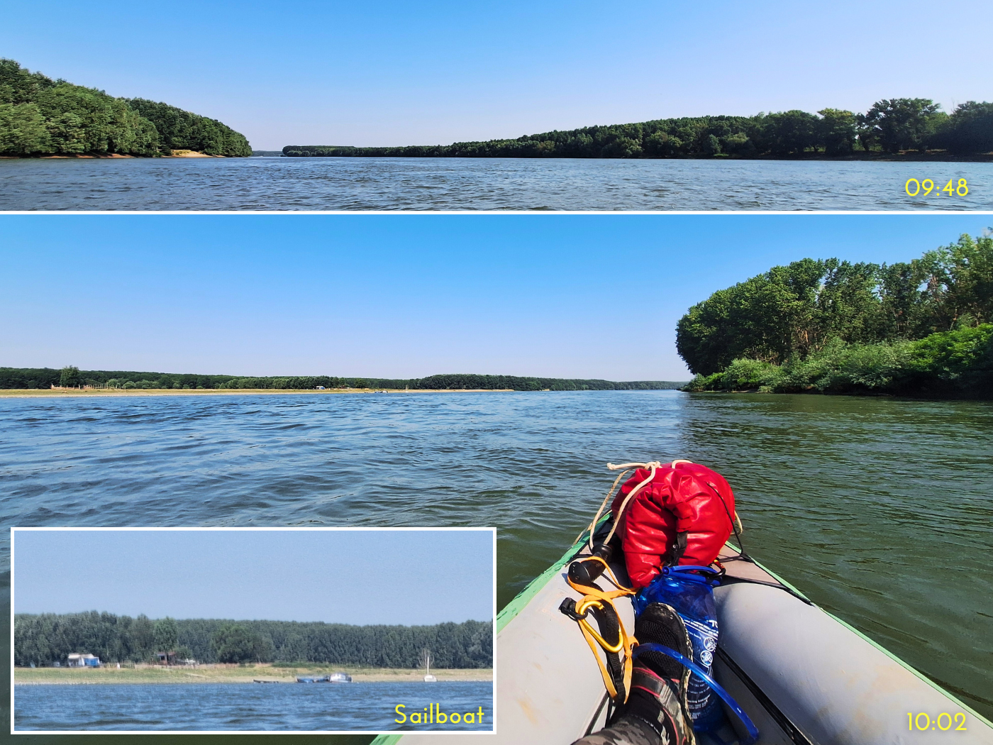 Between Marasu and Bandoiu Valciu Branch high embankment kayaking ferry agriculture summer vacation Romania Danube River sailboat