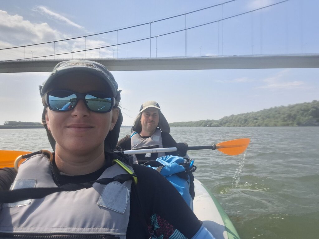 Iris Veldwijk Jonas kayaking Danube River Braila Bridge day 82 Zucchini last bridge before the Black Sea