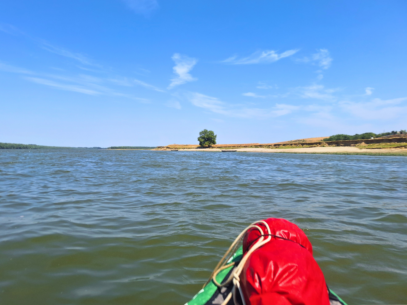 single tree on the Danube River shores Topalu Village Romania Constanta Dobruja kayaking break shadow summer heatwave 2024