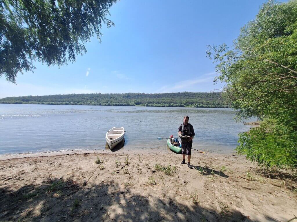 landing break Old Danube Balta Ialomitei river island Romania biggest deflating inflatable kayak air hot summer day