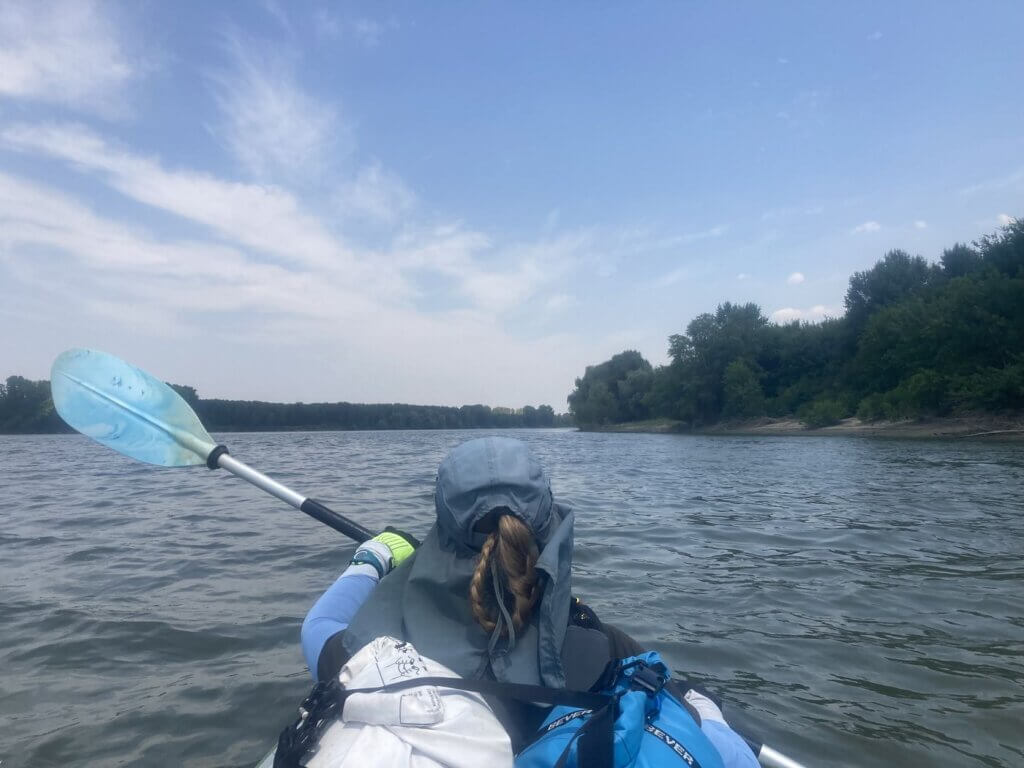 Iris Veldwijk 12 44 kayaking Danube River between Cernavoda and Harsova Padurea Atarnati forest shadow Romania paddling