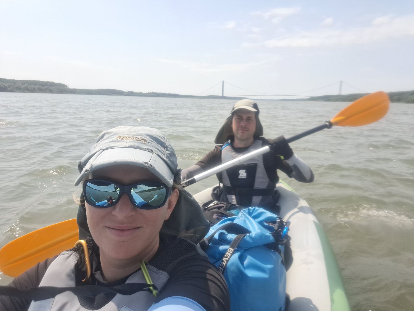 Iris Veldwijk Jonas kayaking Zucchini kayak Braila Bridge Galati to the Black Sea suspension golden gate