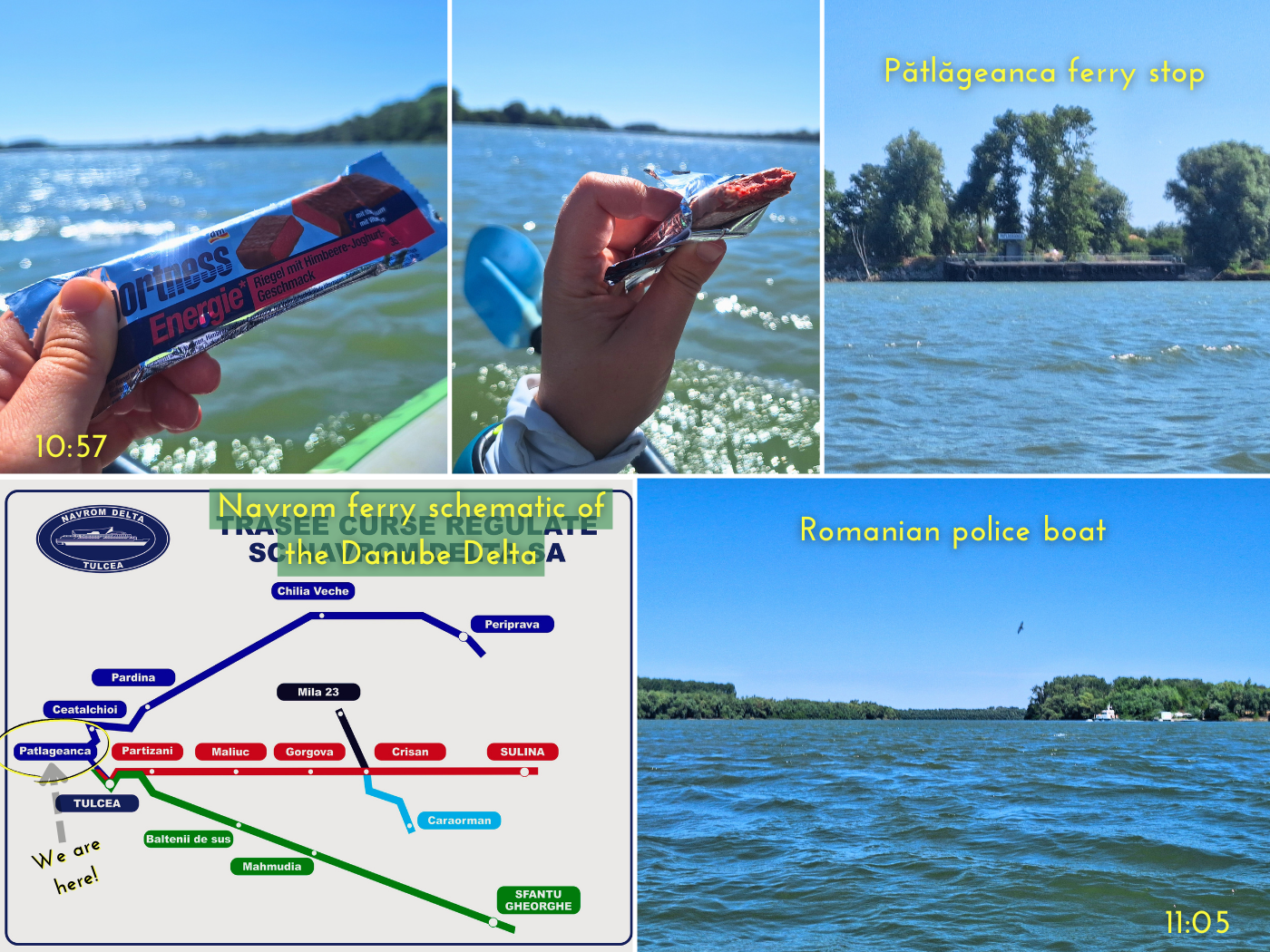 protein bar kayaking Isaccea to Tulcea kayak trip day 84 to the Black Sea Navrom Delta ferry routes Patlageanca ferry stop