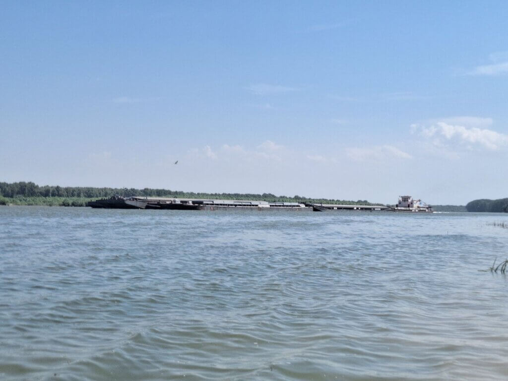 11 50 3x3 pushtow boat TTS lines nine barges 9 inland shipping cargo going upstream Danube River summer 2024 trade marine traffic Dunareni Romania