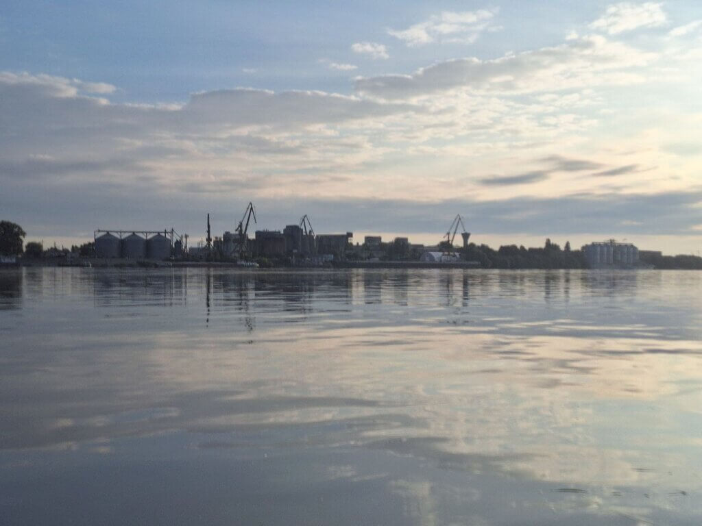 Oltenita Romania Danube port cranes silos river shipping cargo Black Sea Tutrakan Bulgaria