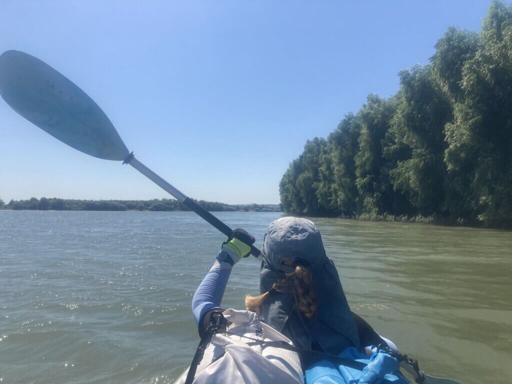 Iris Veldwijk kayaking Danube River Romania Isaccea to Tulcea last river bend before the city source to Black Sea kayak trip day 84