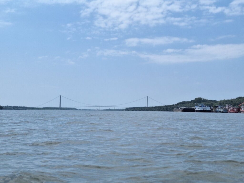 last view of the Braila Bridge across the Danube last bridge before the Black Sea suspension golden gate bridge of Europe
