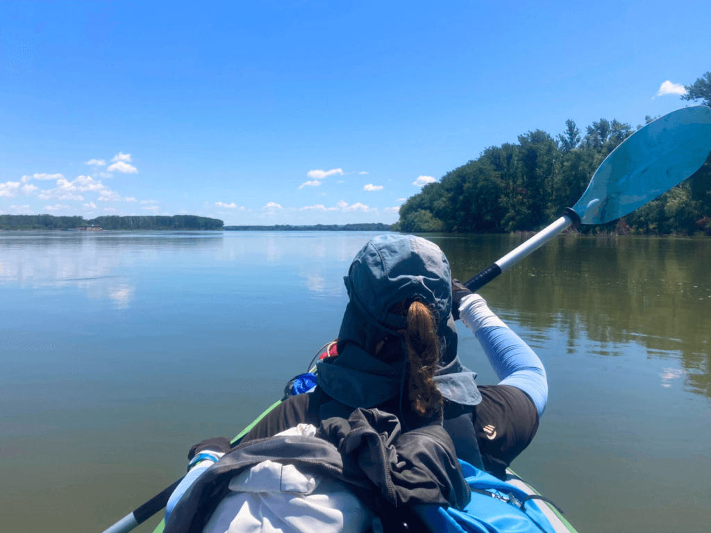 13 02 Iris Veldwijk kayaking the Danube River Tutrakan to Silistra Bulgaria Romania border area dry dock moving