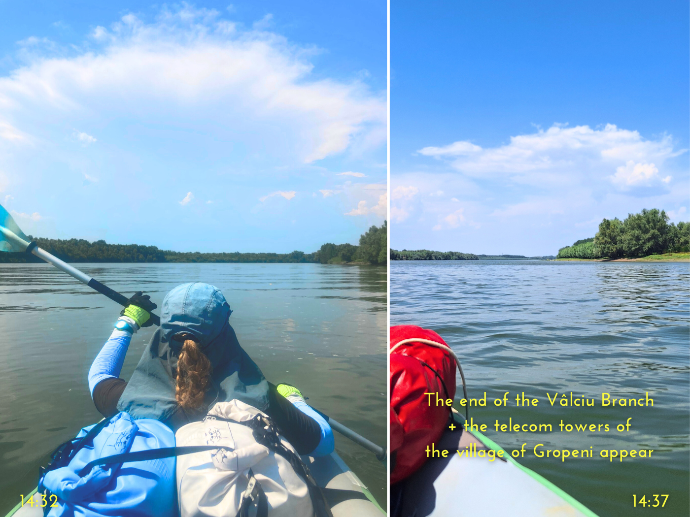 Iris Veldwijk kayaking out of the Valciu Branch Danube River to the Cremenea New Danube arm Gropeni ferry dark cloud summer weather rain heatwave breaking