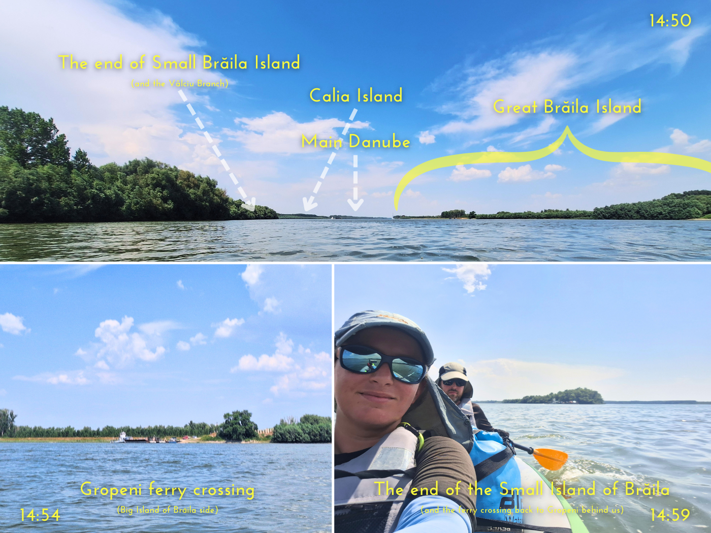 Iris Veldwijk Jonas kayaking out of the Valciu Branch New Danube River Cremenea shipping lane Gropeni ferry crossing to Balta Braila island natural park