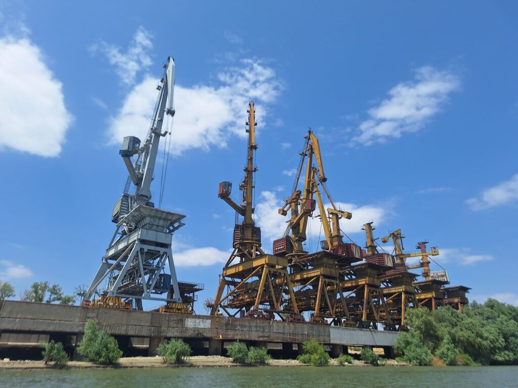 cranes on the Danube River Galati Romania port of call kayak trip day 82 from Braila