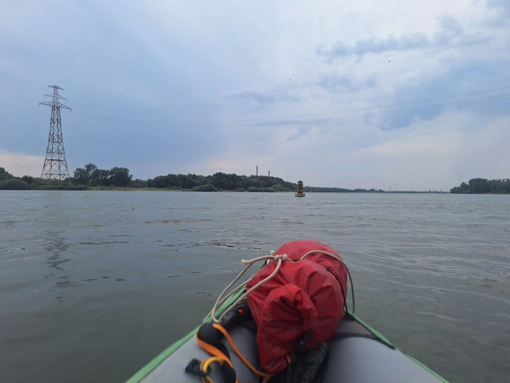 16 48 kayaking Danube River end of Calia Island New Danube River Cremenea branch shipping lane power lines red green buoy split route cargo travel