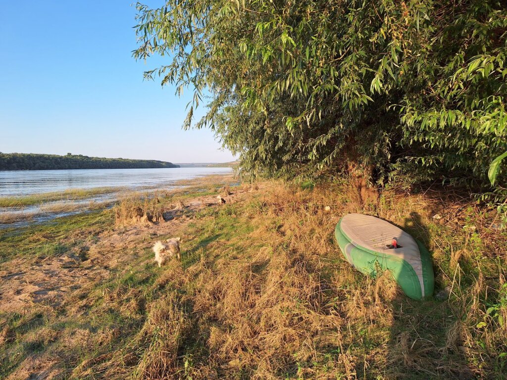 Danube River Ostrov Branch Zucchini staying at night kayak dogs sunset inflatable day 77 Bulgaria to Romania