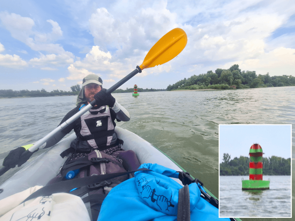 Jonas Breuer with the red green buoy at Calia Island Braila County Romania Danube River kayaking