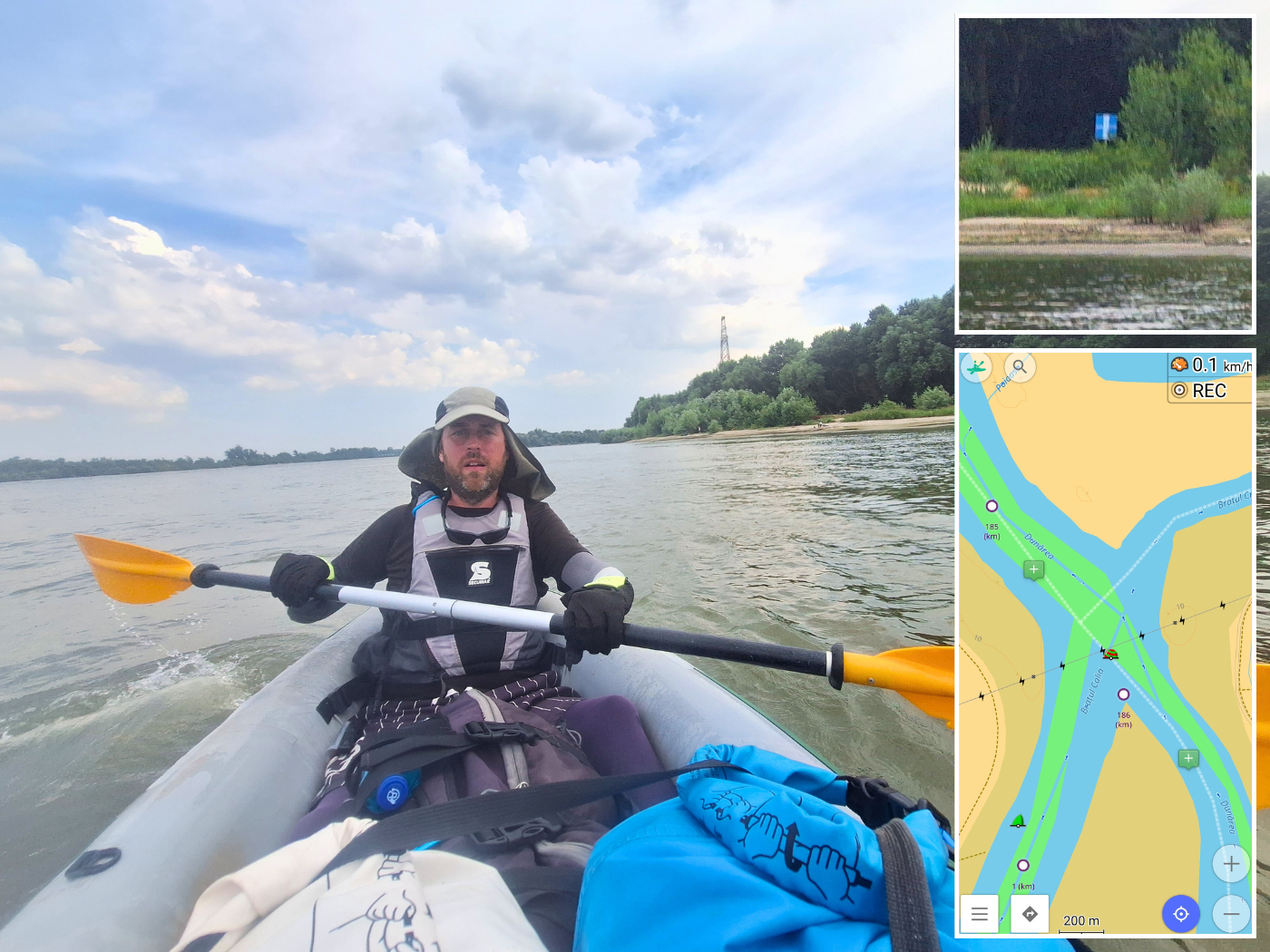 Jonas kayaking near Chiscani New Danube Cremenea split inland shipping river sign priority rules kayak trip to Braila