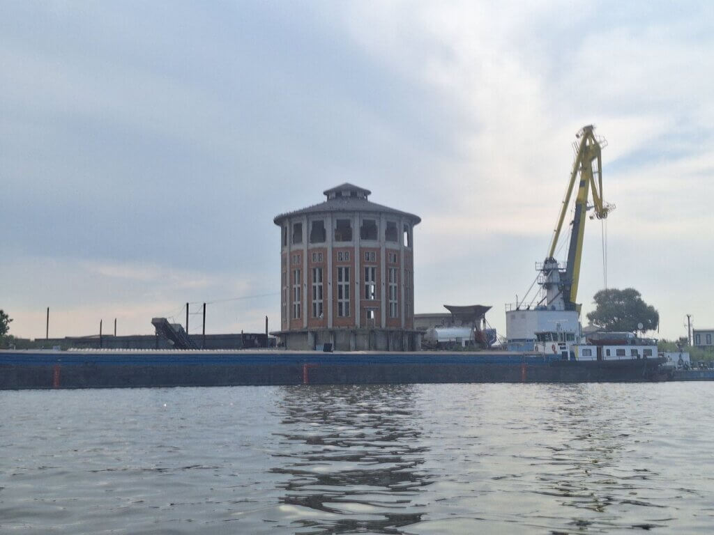 Chiscani port agricultural silos water tower Braila County Romania Danube River kayaking crane inland shipping cargo loading